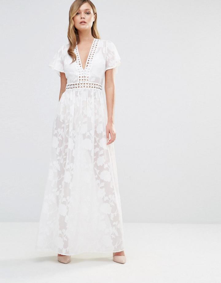 Dark Pink Lace Maxi Dress With Laddering Insert - Cream