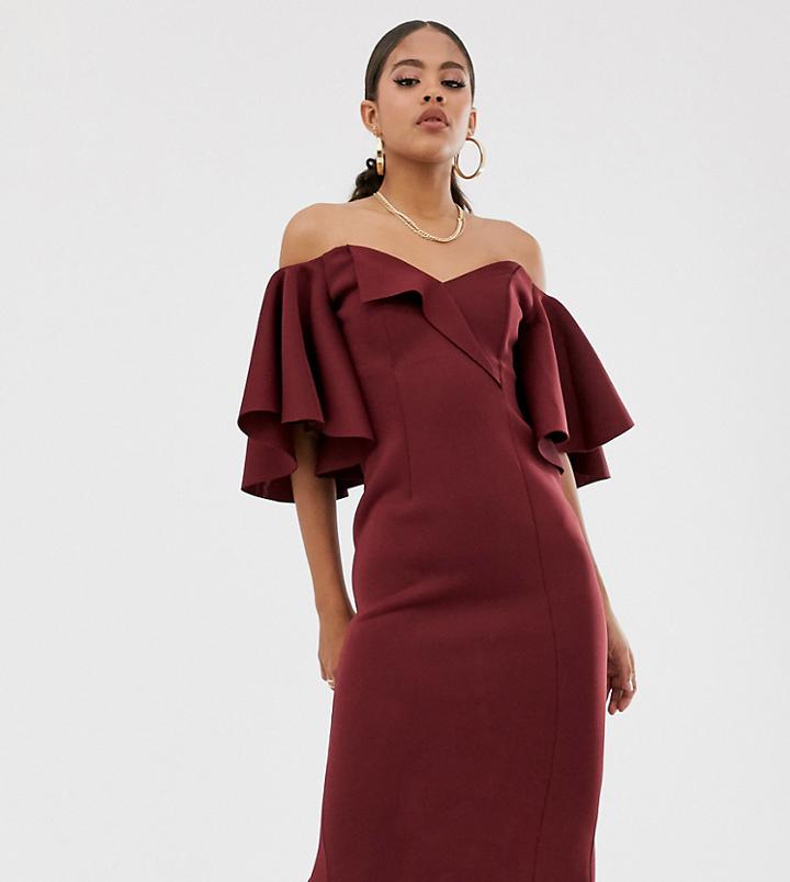 Asos Design Tall Cape Flutter Bardot Midi Dress-purple
