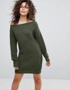 Lasula Khaki Off Shoulder Knit Dress - Green