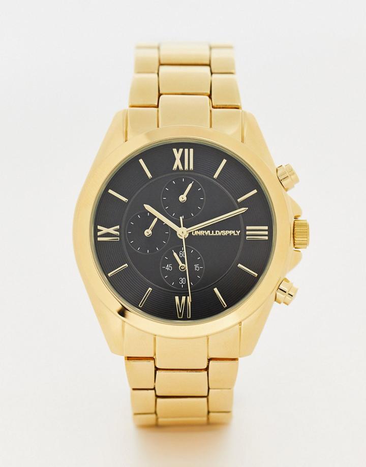Asos Design Bracelet Watch With Black Face In Gold Tone