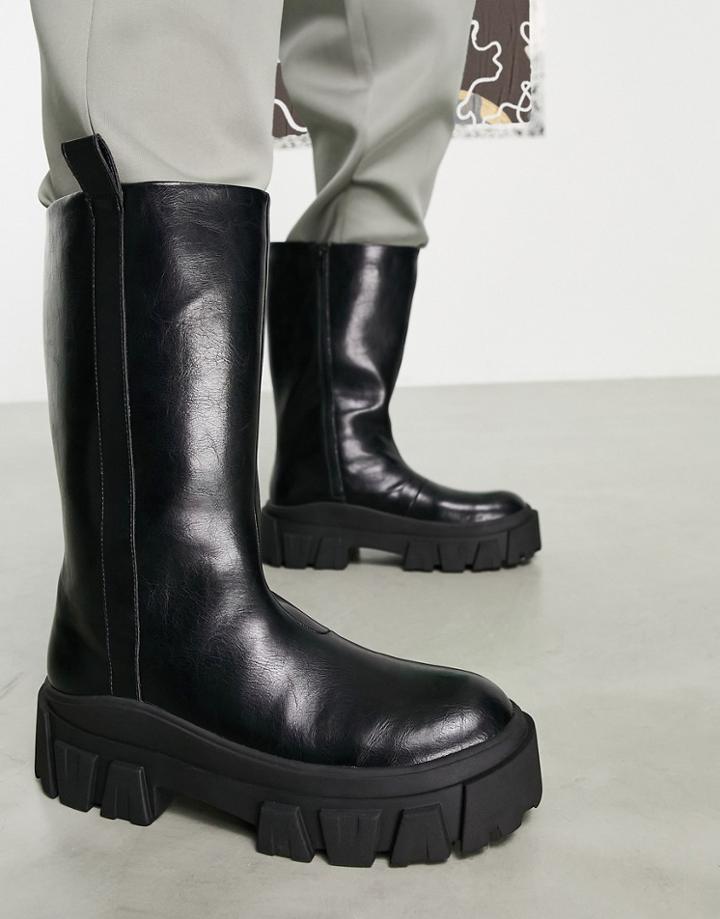 Asos Design Chelsea Calf Boots On Chunky Sole In Black Faux Leather