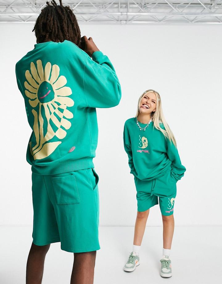 Asos Daysocial Unisex Oversized Sweatshirt With 'breezy' Graphic Print In Green - Part Of A Set