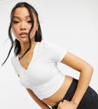 Asos Design Petite V Neck Crop Top With Ruched Front In White