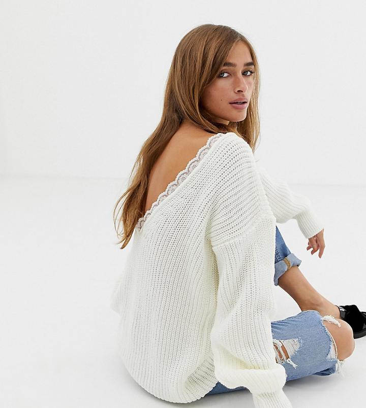Glamorous Petite Scoop Back Knitted Sweater With Lace Trim