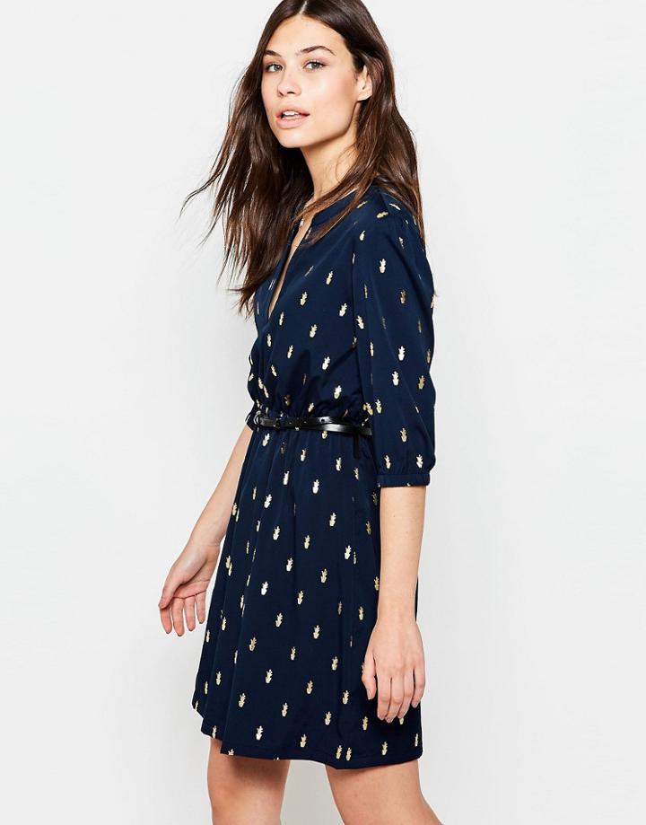 Yumi Belted Dress With 3/4 Sleeve In Cactus Foil Print - Navy