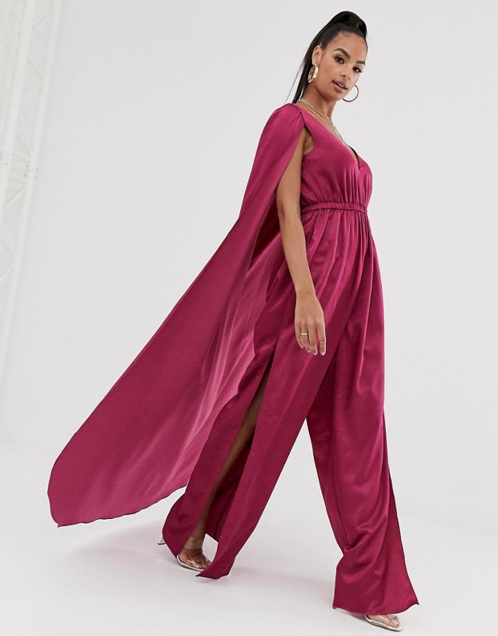 Bariano Cape Satin Jumpsuit In Fuchsia-pink