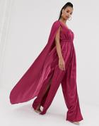 Bariano Cape Satin Jumpsuit In Fuchsia-pink