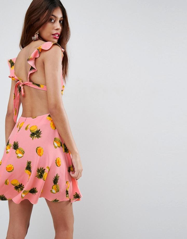 Asos Pineapple Ruffle Tie Back Skater Mini Dress - Pink