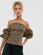 Never Fully Dressed Off Shoulder Blouson Sleeve Wrap Top In Leopard-multi