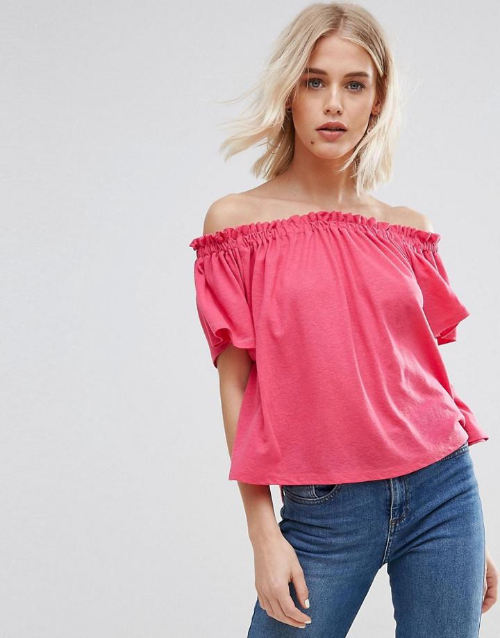 New Look Shirred Bardot Top - Pink