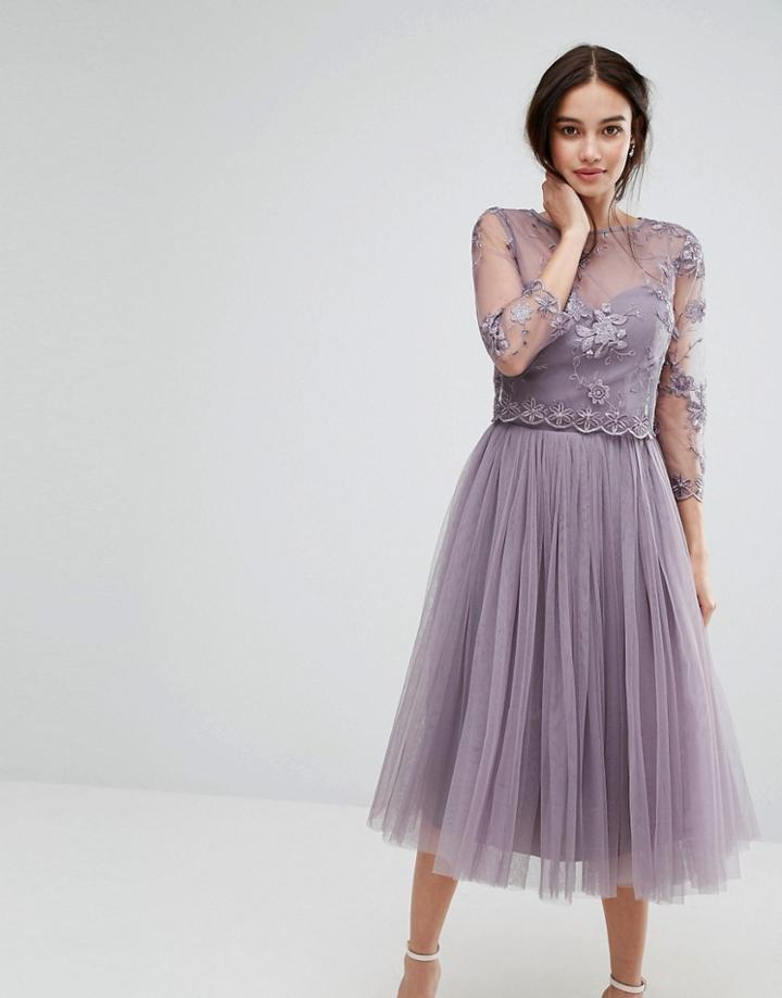 Little Mistress Embroidered Lace Midi Dress With Tulle Skirt - Black