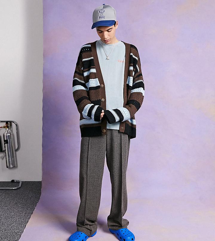 Collusion Unisex Crochet Striped Cardigan-brown