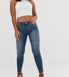 Asos Design Petite Lisbon Mid Rise Skinny Jeans In Extreme Dark Stonewash With Knee Rips - Blue