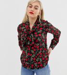 Glamorous Petite Blouse With Pussybow In Vintage Rose Print-black