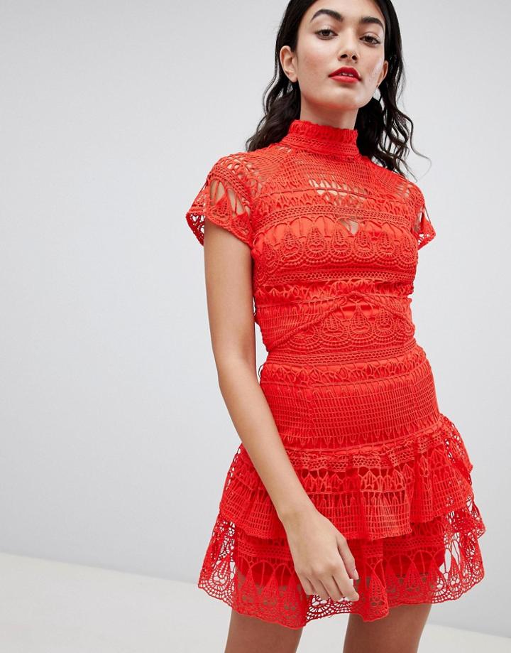 Prettylittlething High Neck Lace Tiered Dress - Red