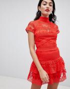 Prettylittlething High Neck Lace Tiered Dress - Red