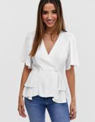 Asos Design Tux Top With Angel Sleeve And Button Detail - White
