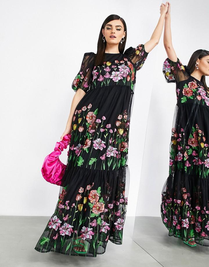 Asos Edition Embroidered Trapeze Maxi Dress With Puff Sleeves In Black-multi