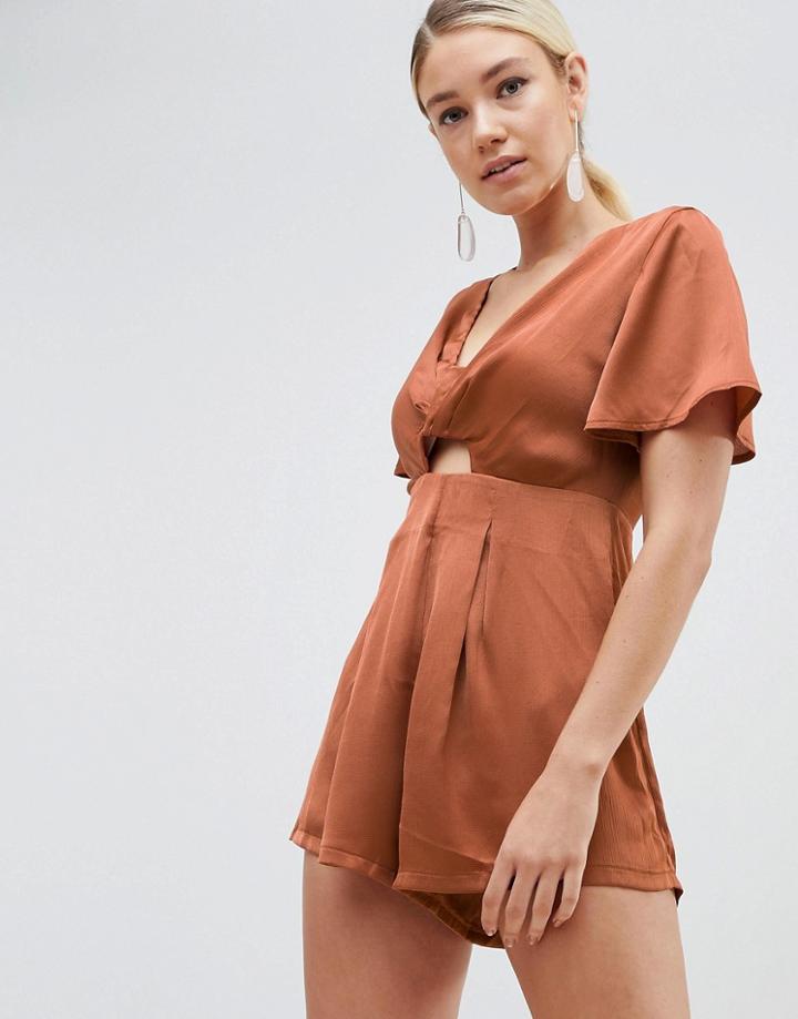 Parallel Lines Twist Front Romper In Satin - Brown