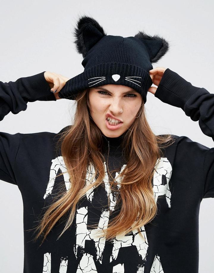 Asos Halloween Cat Beanie With Glow In The Dark Whiskers - Black