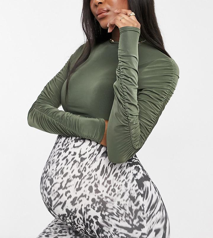 Missguided Maternity Long Sleeve Crop Top With High Neck In Khaki - Part Of A Set-green