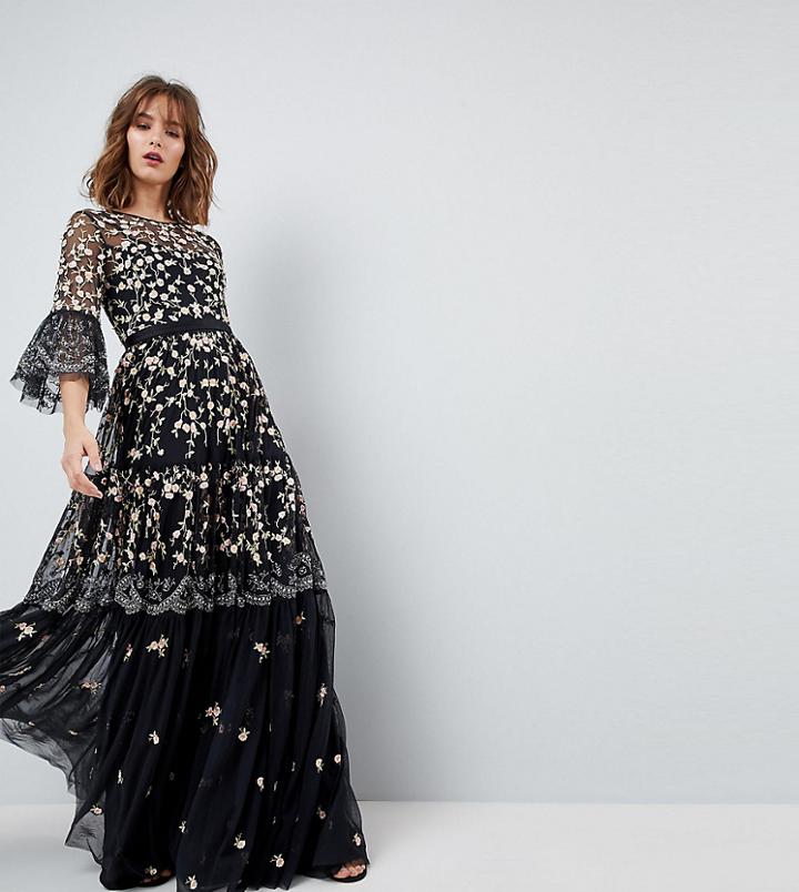 Needle & Thread Allover Embroidered And Embellished Maxi Gown With Fluted Sleeves - Black