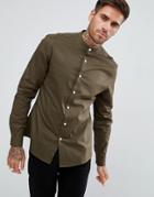 Asos Slim Shirt In Khaki With Grandad Collar - Green