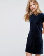 Weekday Crushed Velvet T-shirt Dress - Navy