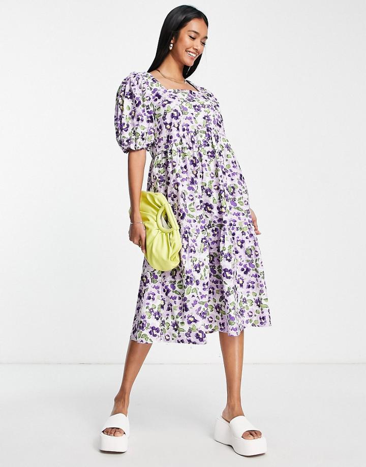 Vila Midi Dress With Square Neck And Volume Sleeves In Purple Floral-multi