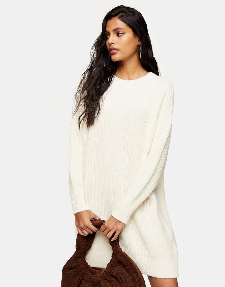 Topshop Crew Neck Knit Mini Dress In Ivory-brown