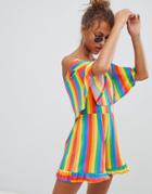 Daisy Street Romper With Bardot Frill In Rainbow Stripe - Multi