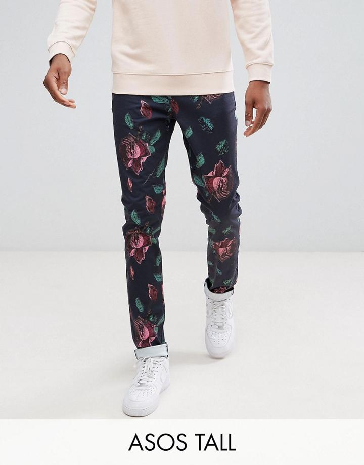 Asos Tall Skinny Pants In Oversized Rose Print - Navy