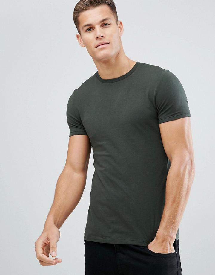 Asos Design Muscle Fit T-shirt With Crew Neck In Khaki - Green