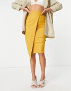 Vesper Assymmetric Wrap Midi Skirt In Golden Yellow