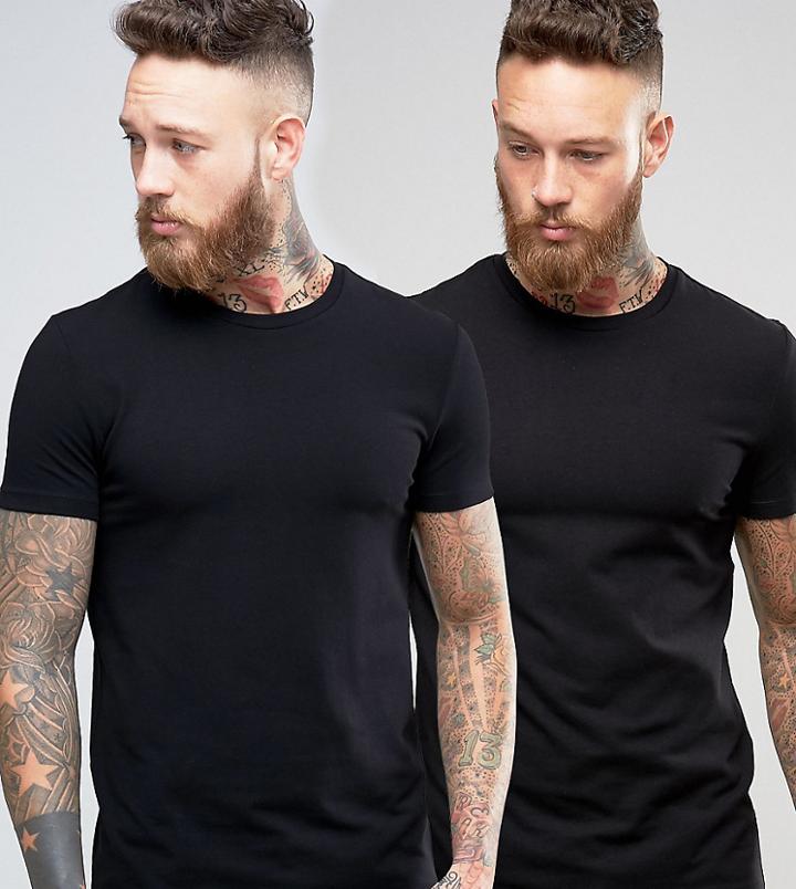 Asos 2 Pack Muscle Fit T-shirt In Black With Crew Neck Save - Black