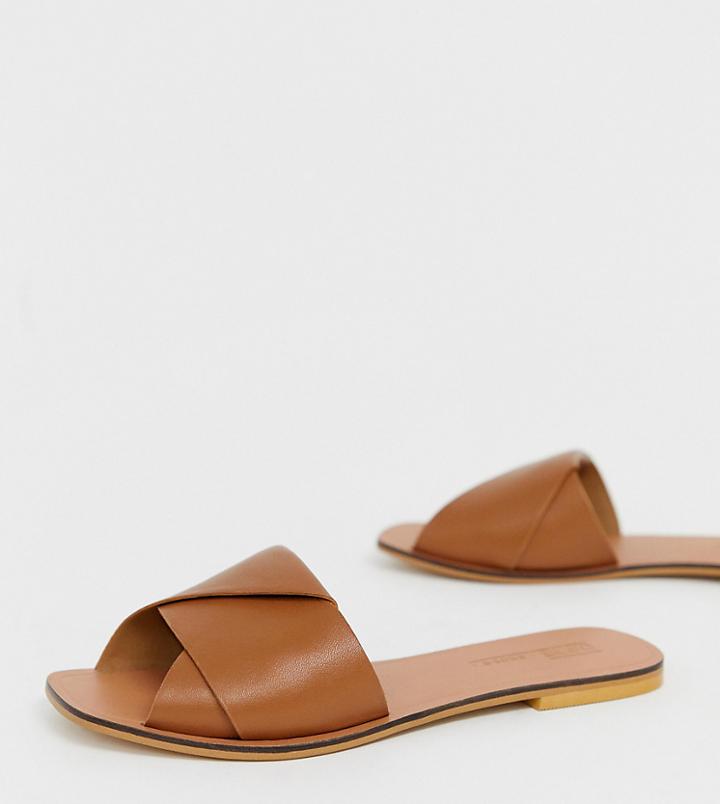 Asos Design Wide Fit Favoured Leather Flat Sandals-tan