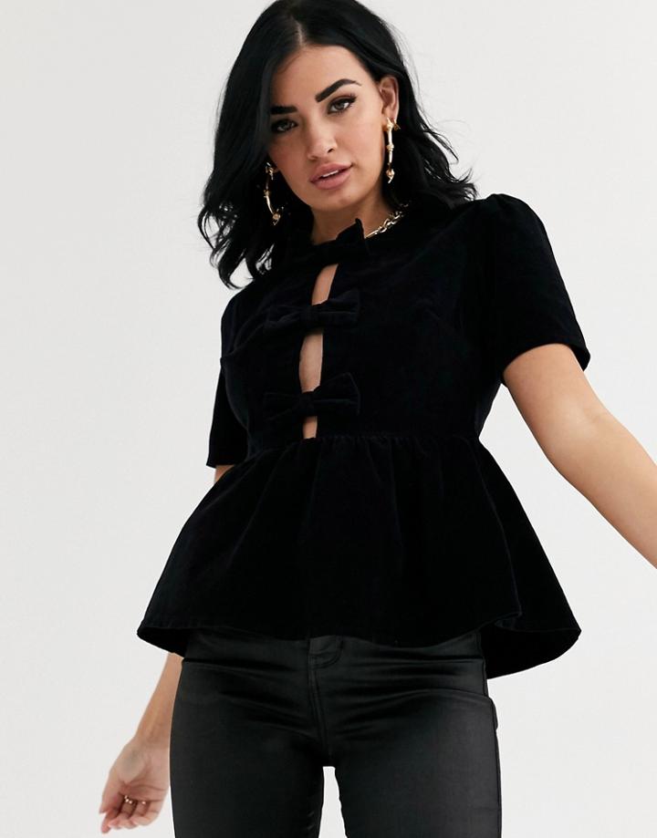 Asos Design Cord Top With Bow Front In Black