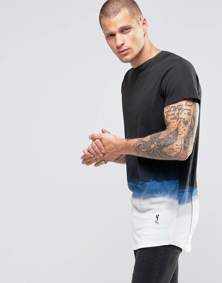 Religion Longline T-shirt With Curved Hem And Gradient Paint Detail - Blue