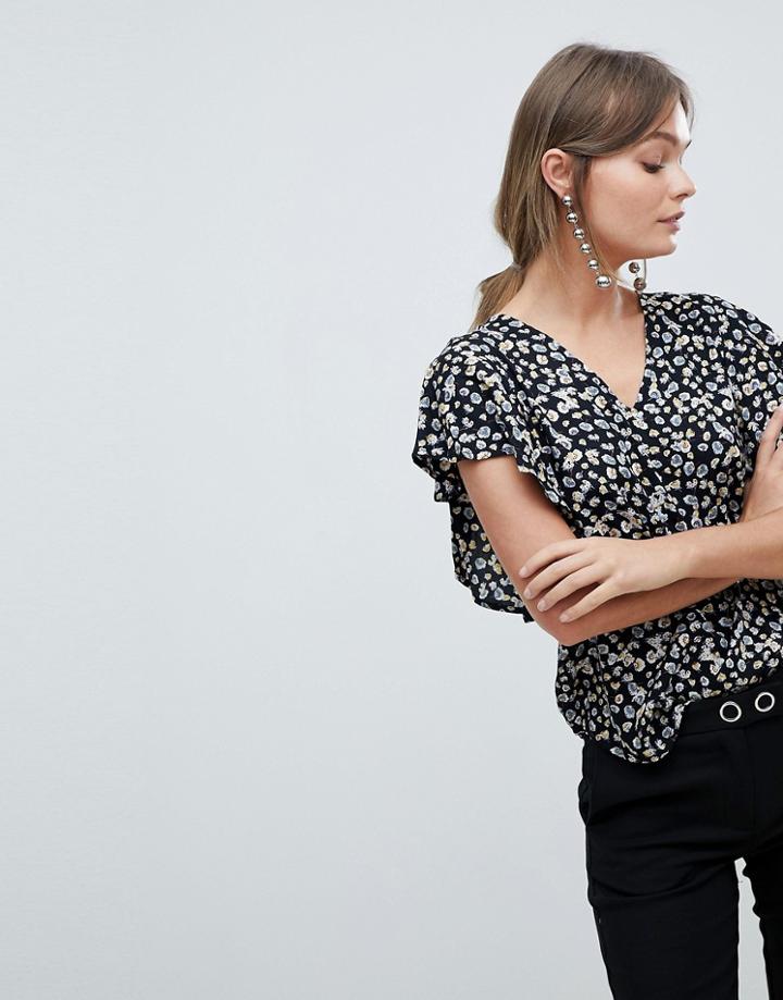 Y.a.s Sunia Ditsy Floral Print Ruffle Side Blouse - Brown