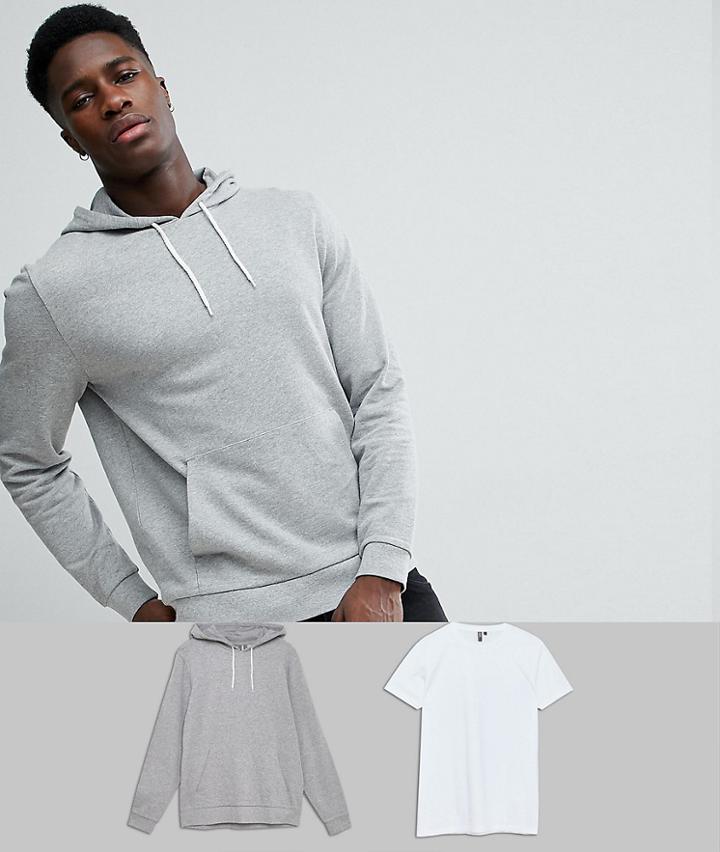 Asos Hoodie & Longline Tshirt 2 Pack Gray Marl/white Save - Multi