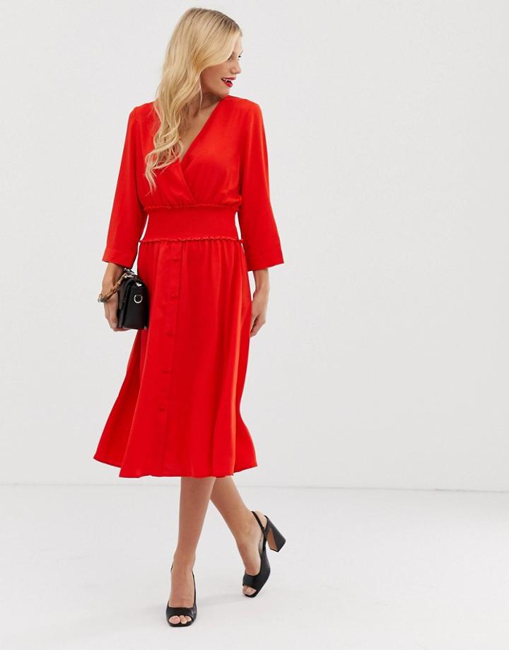 Y.a.s V Neck Midi Dress With Elasticated Waist - Red