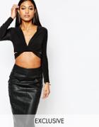 Club L Long Sleeve Wrap Front Knot Detail Top - Black