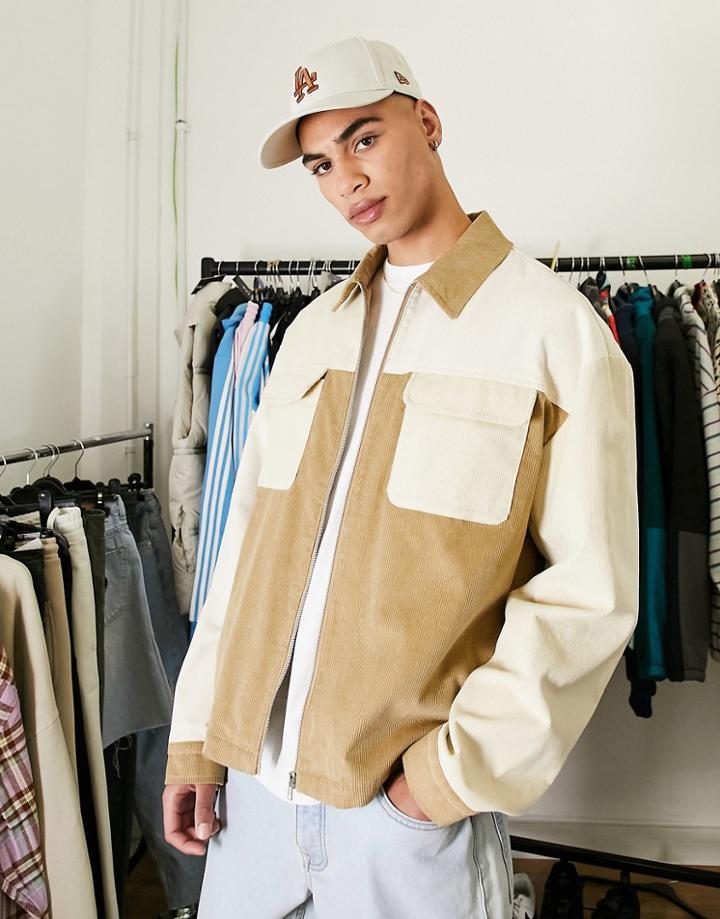Asos Design Oversized Cord Harrington With Cut And Sew In Stone-neutral