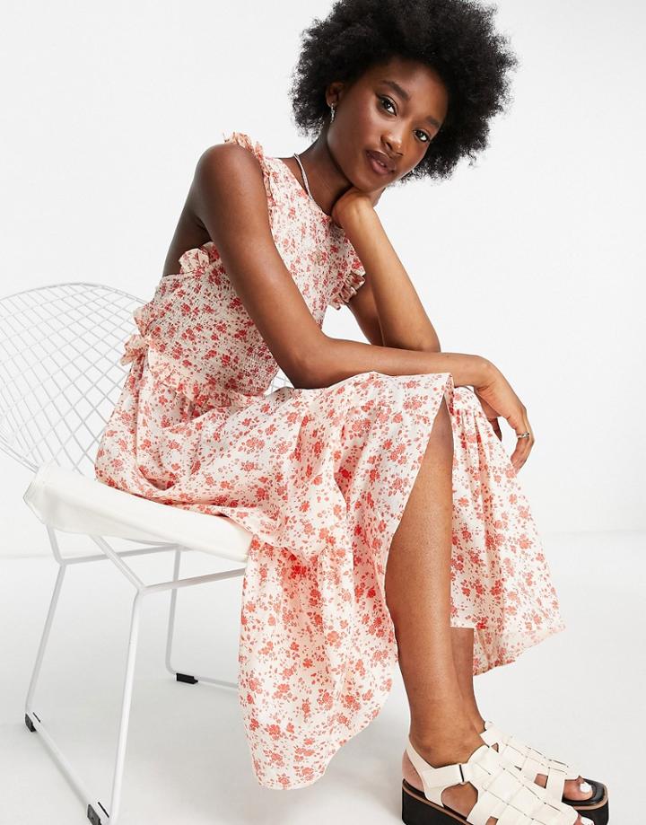 Asos Design Shirred Bodice Tiered Midi Smock Dress With Strappy Back In Red Ditsy Floral Print-multi