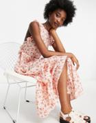 Asos Design Shirred Bodice Tiered Midi Smock Dress With Strappy Back In Red Ditsy Floral Print-multi