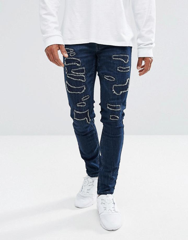 Black Kaviar Skinny Jeans In Dark Blue With Distressing