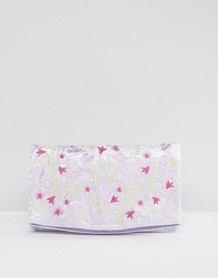 Asos Embroidered Velvet Foldover Clutch Bag - Purple