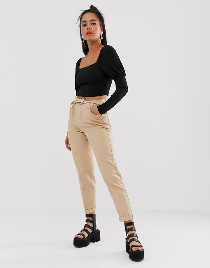 Bershka Mom Fit Pants With Belt In Beige - Beige