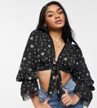 Missguided Petite Eyelash Lace Crop Top With Tie Waist-black