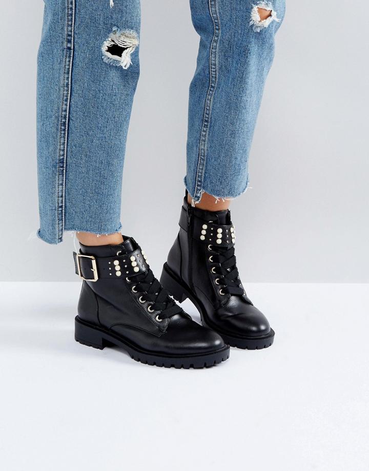 Miss Kg Pearl Trim Flat Hiker Boot - Black